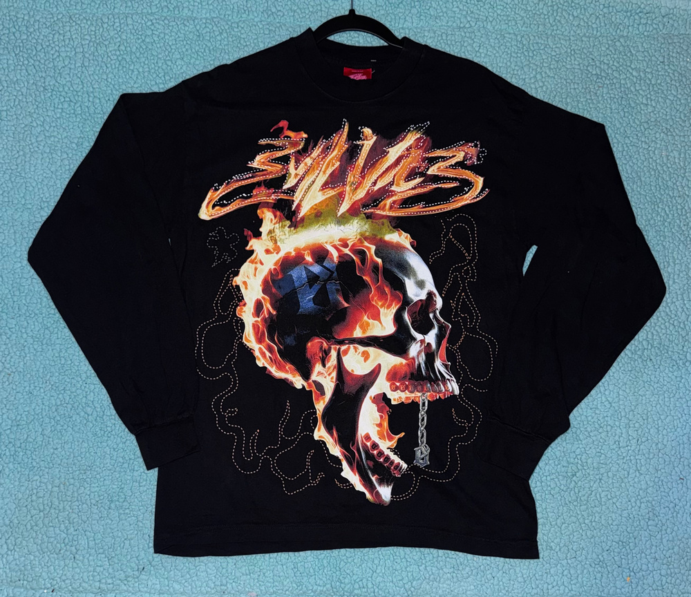 Evil Vice Graphic Long Sleeve T Shirt Black Flame Skull Size M